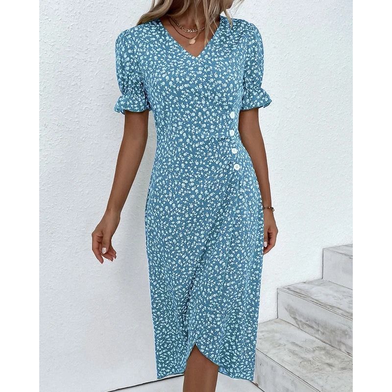 Floral Print Wrap Dress with V-Neck and Adjustable Tie Closure