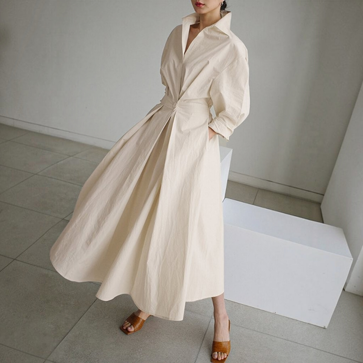 Womens Shirt Dress with Button Front and Adjustable Belt, Tailored Waist