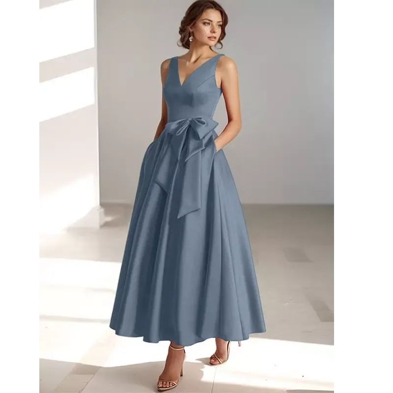 Womens A-Line Midi Dress with V-Neckline and Structured Bow Waist