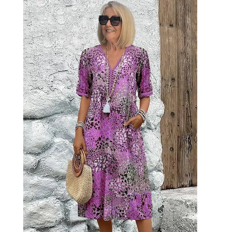 Colorful Midi Dress with Patterned Design and Functional Pockets