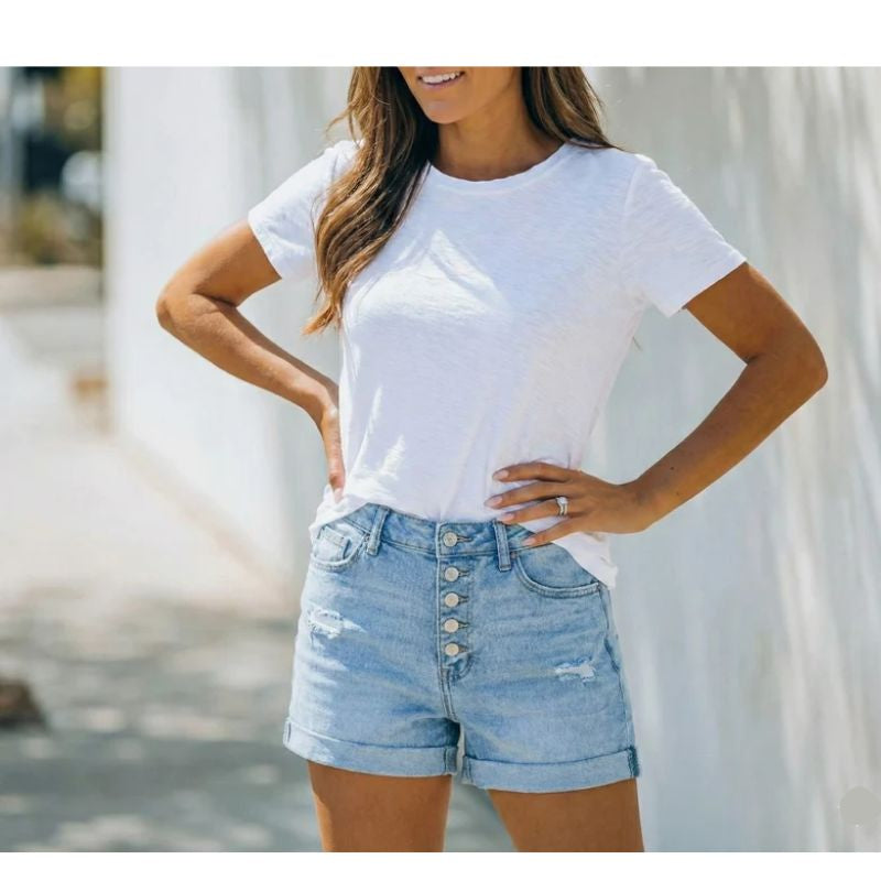 Denim Jorts with Button-Fly and Mid-Thigh Cut for Women, Relaxed Cotton Blend