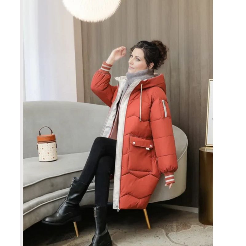 Womens Long Puffer Jacket with Attached Hood and Zippered Hand Pockets, Machine Washable
