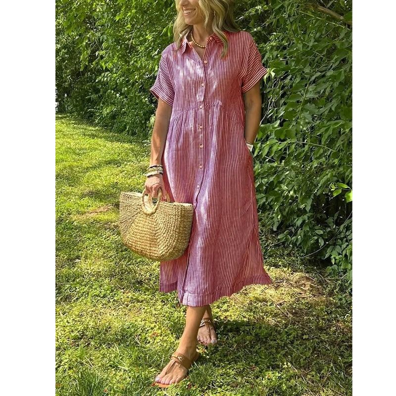 Button-Up Shirt with Collar and Vertical Stripes, Long Sleeve Relaxed Fit