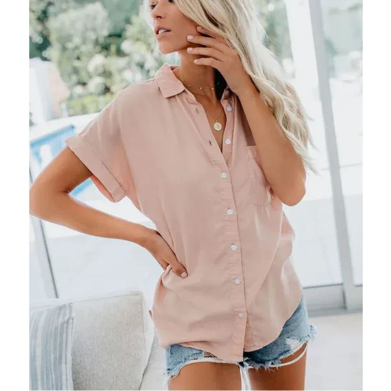 Womens Relaxed Fit Blouse with Button Front and Rolled Sleeve Detail