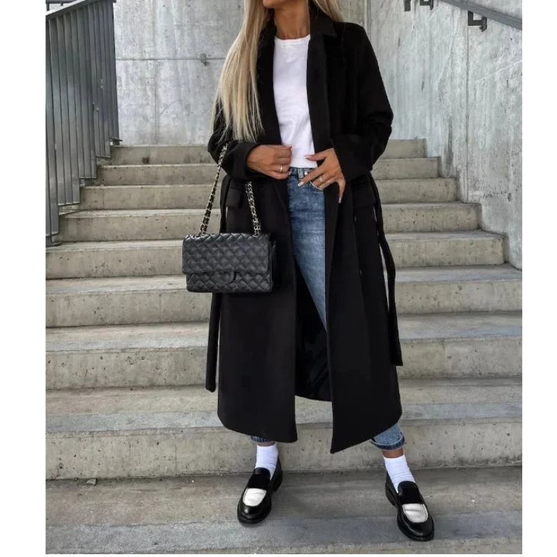 Womens Long Trench Coat with Removable Waist Belt and Insulated Lining, Machine Washable