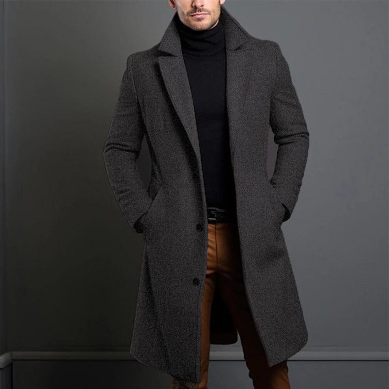 Mens Long Overcoat with Classic Lapel and Tailored Wool-Blend, Single-Breasted