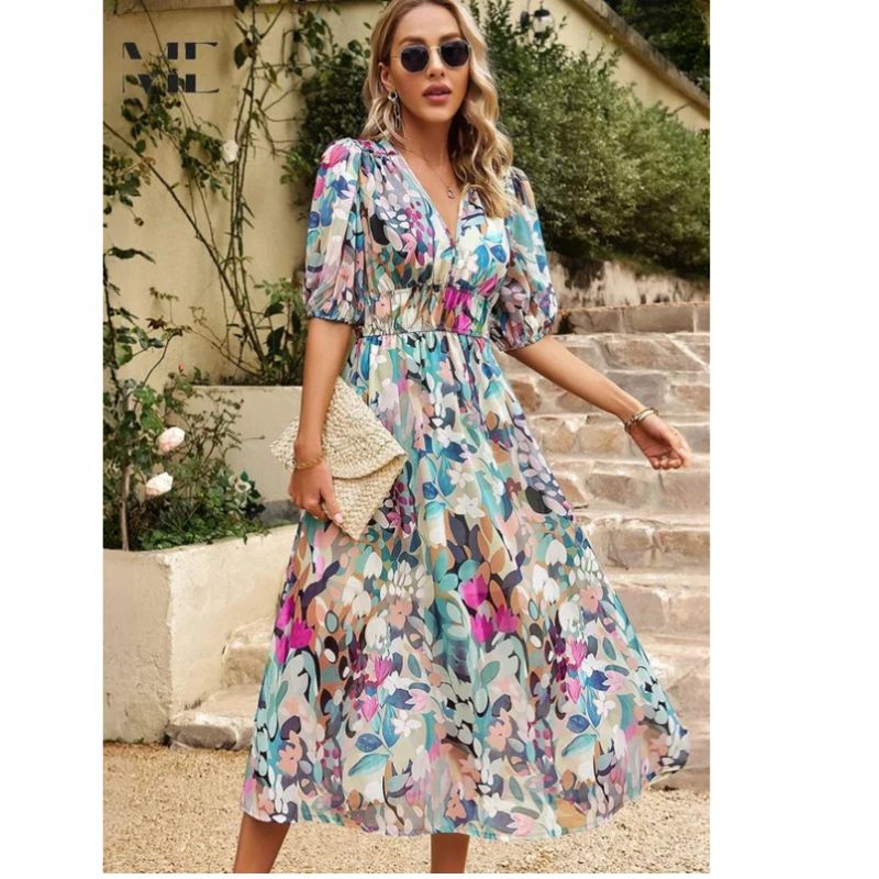 Floral Midi Dress with Puff Sleeves and Tailored Waist, Lightweight Woven Fabric