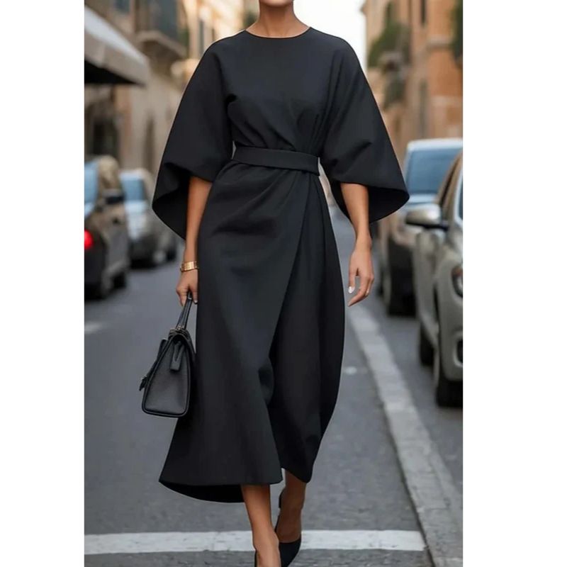 Lantern Sleeve Dress with Adjustable Waist Tie and Flowing Silhouette, Lightweight Fabric