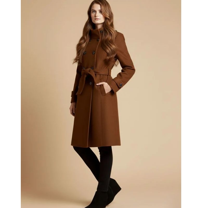Womens Double-Breasted Coat with Classic Collar and Cuff Tabs, Mid-Length