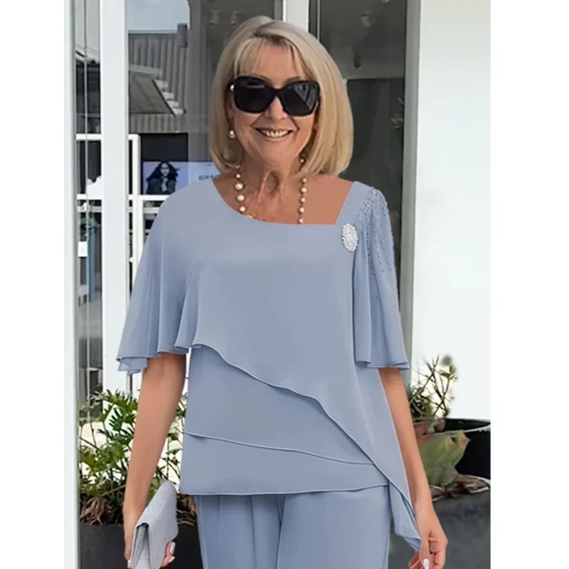 Womens Asymmetric Layered Blouse with High-Waisted Wide-Leg Trousers, Lightweight Fabric