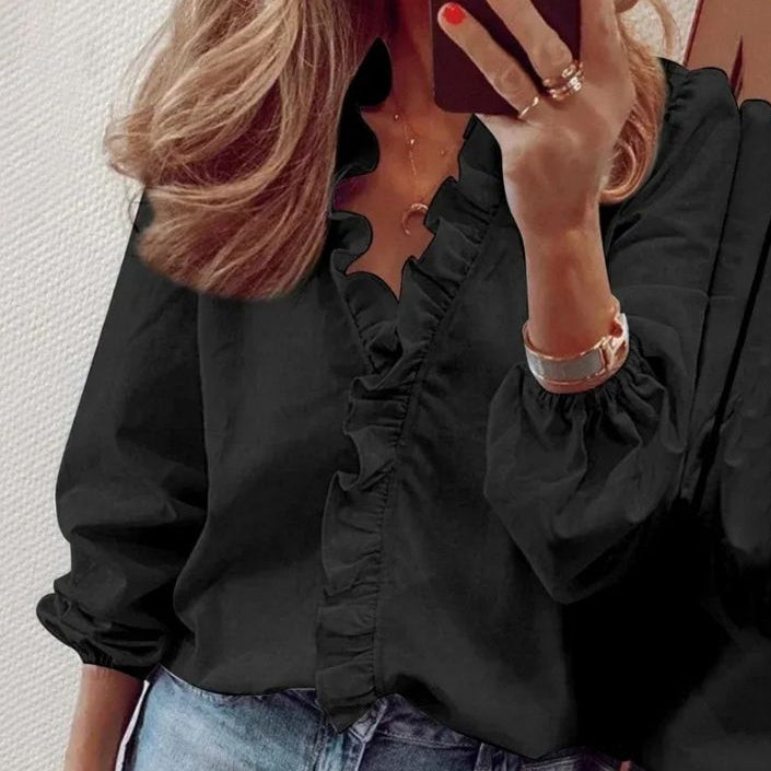Womens Blouse with Ruffled Neckline and Pleated Balloon Sleeves