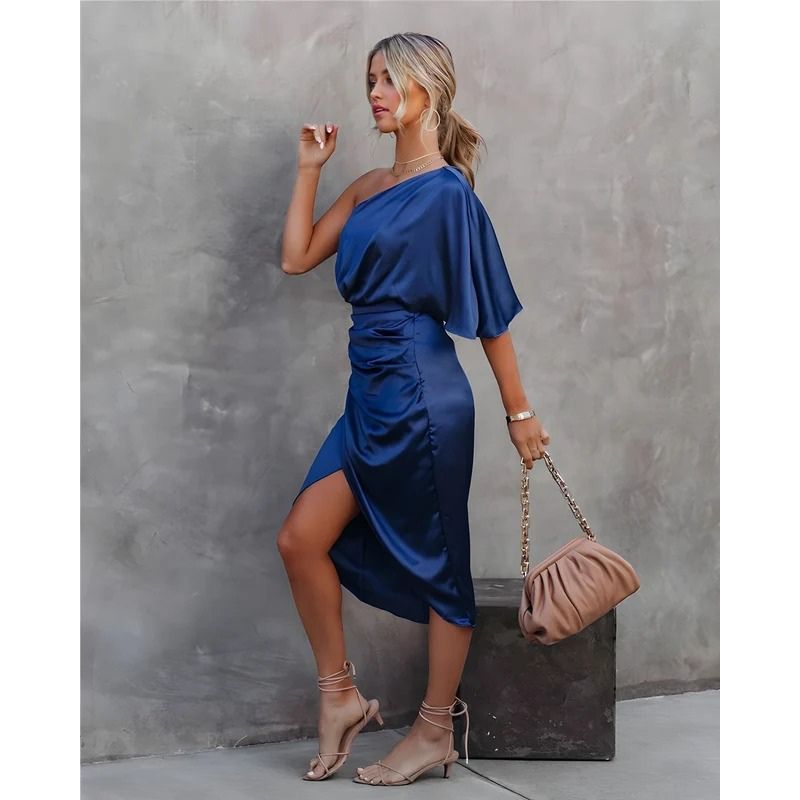 One Shoulder Midi Dress with Ruched Detailing and Side Zipper, Stretch Knit