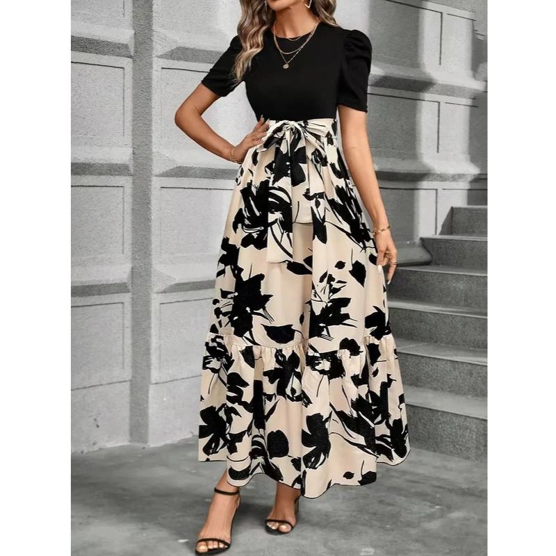 Maxi Dress with Adjustable Tie Waist and Short Sleeves, Lightweight Woven Fabric