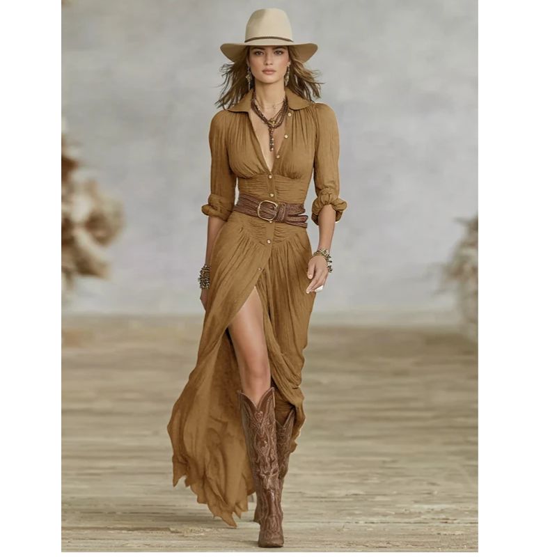 Maxi Dress with Shawl Collar and Adjustable Waist Belt, Floor-Length
