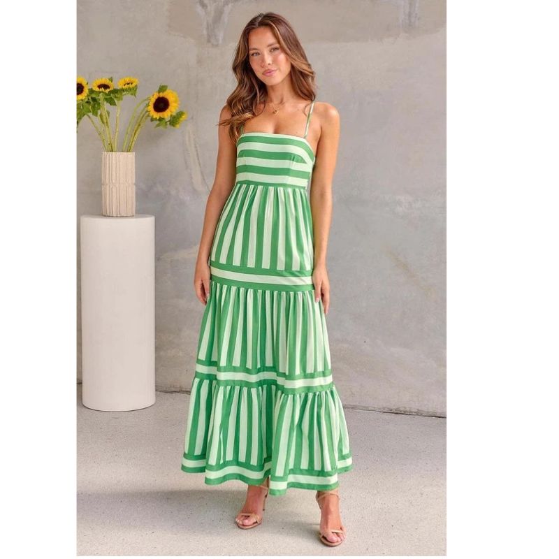 Womens Tiered Maxi Dress with Vertical Stripes and Side Pockets