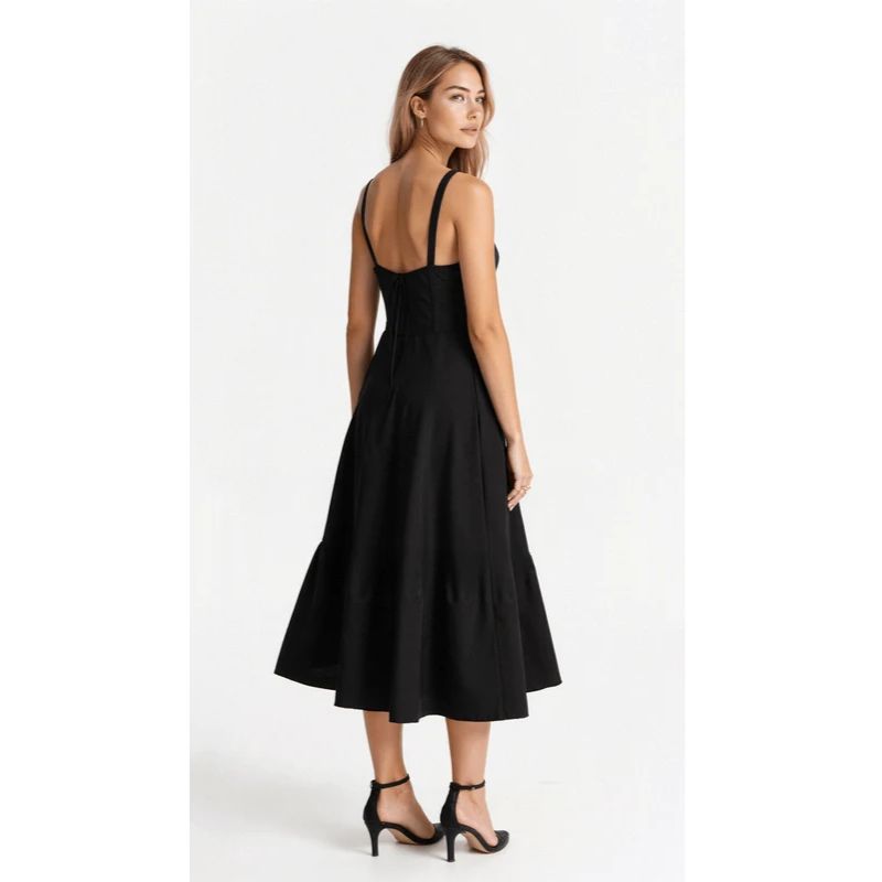 Corset Midi Dress with Structured Bodice and Flowing Flared Skirt, Stretch Lined