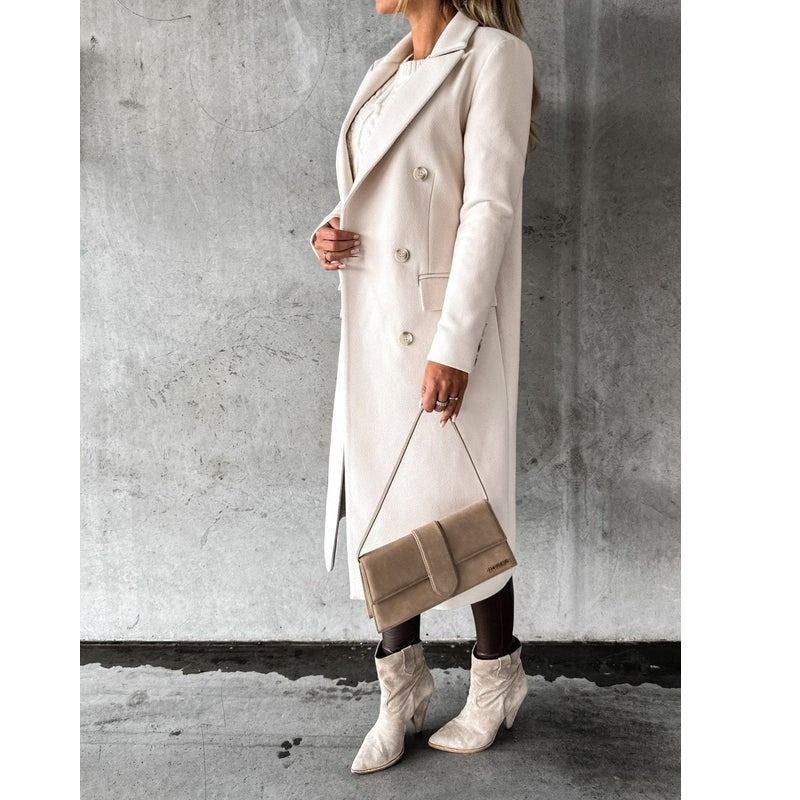 Womens Wool Winter Coat with Double-Breasted Button Front and Structured Shoulders