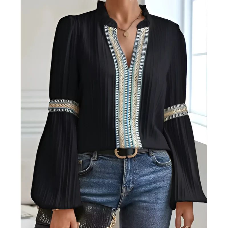 Womens Cotton Blend V-Neck Blouse with Pleated Shoulders and Relaxed Fit