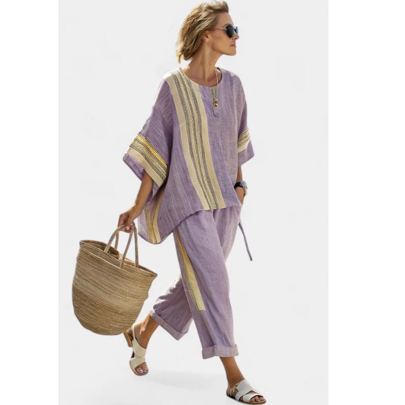 Womens Oversized Loungewear Set with Vertical Stripes and Lightweight Woven Fabric