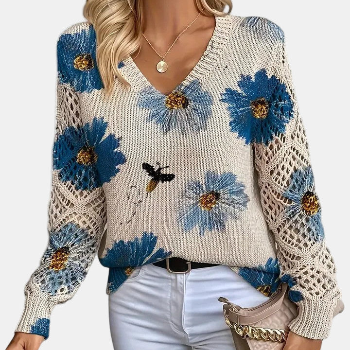 Floral Knit Sweater with V-Neckline and Open Sleeves for Women - Ribbed Hem