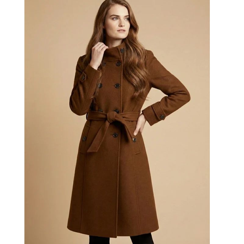 Womens Double-Breasted Coat with Classic Collar and Cuff Tabs, Mid-Length