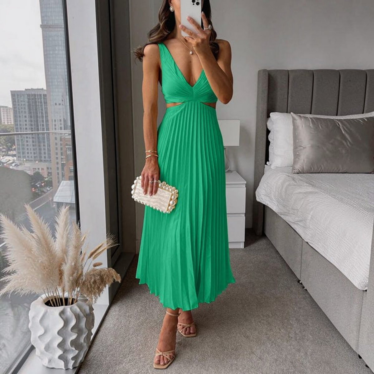 Pleated Midi Dress with Relaxed Flowing Fit and Breathable Lightweight Fabric, Hand Wash