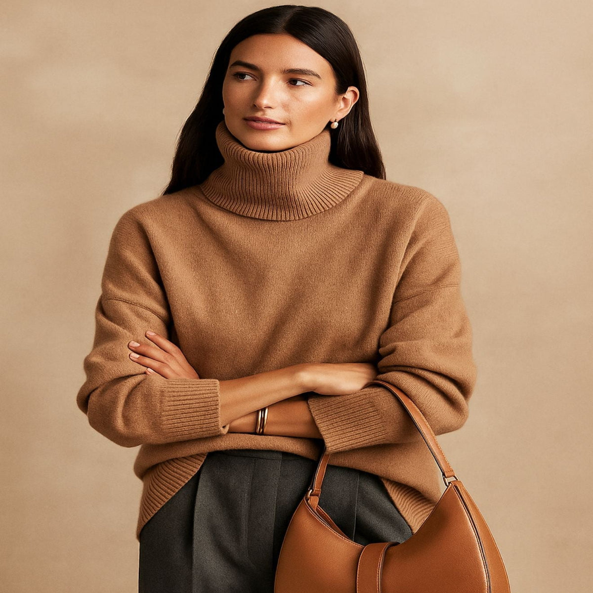 Turtleneck Sweater with Dropped Shoulders and Ribbed Trim for Women - Long Sleeves