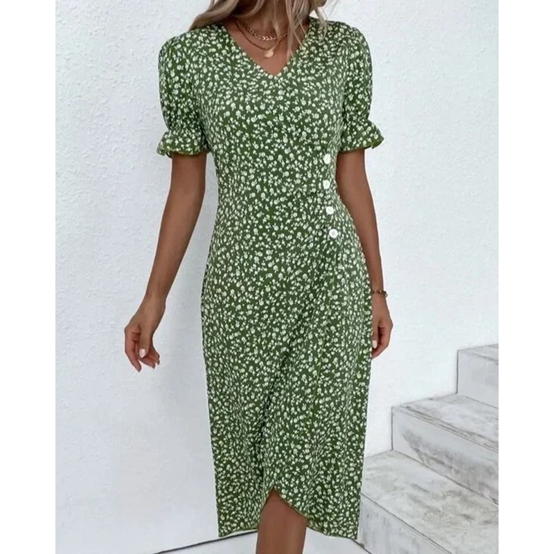 Womens V-Neck Dress with Waist Definition and Breathable Fabric, Mid-Length