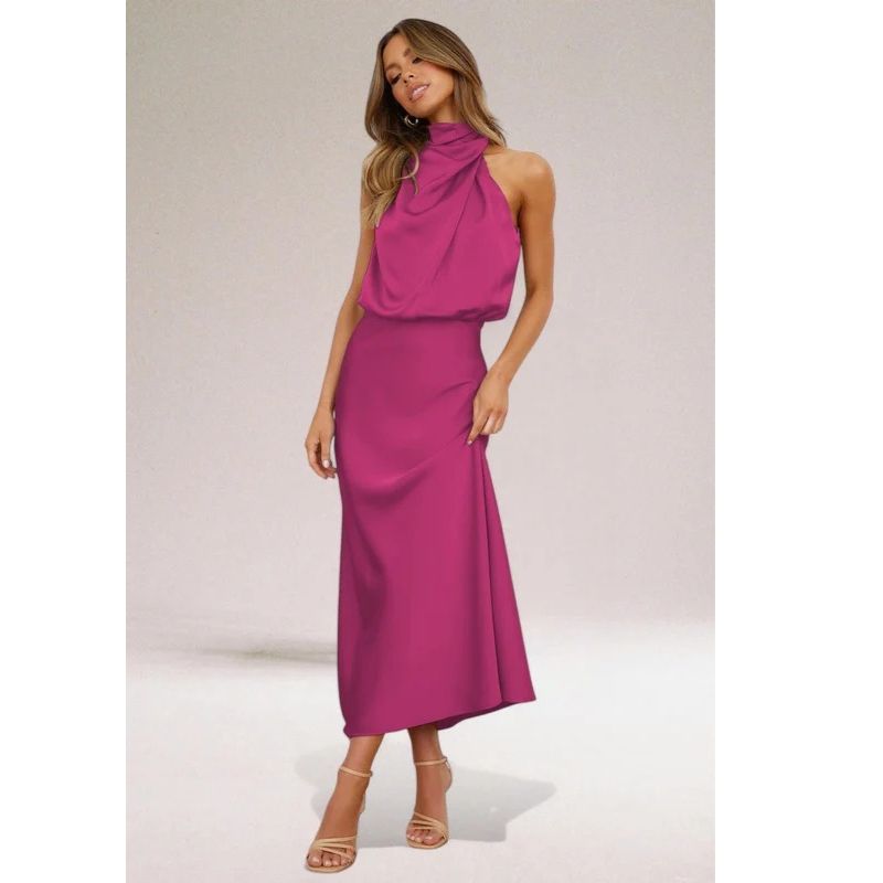 Halter Neckline Evening Dress with Luminous Fabric and Flowing Silhouette