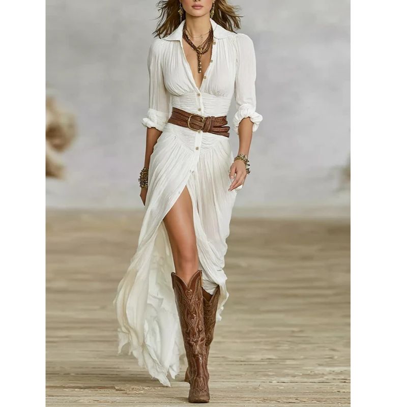Maxi Dress with Shawl Collar and Adjustable Waist Belt, Floor-Length