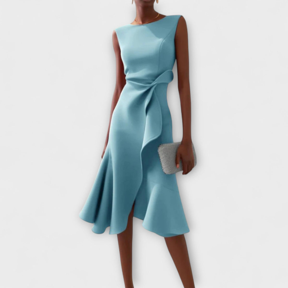 Asymmetric Midi Dress with Draped Detail and Sleeveless Cut, Lightweight Drapey Fabric