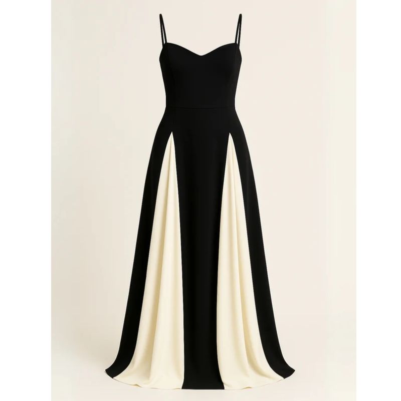 Floor-Length Formal Dress with Contrasting Panels and Structured Bodice