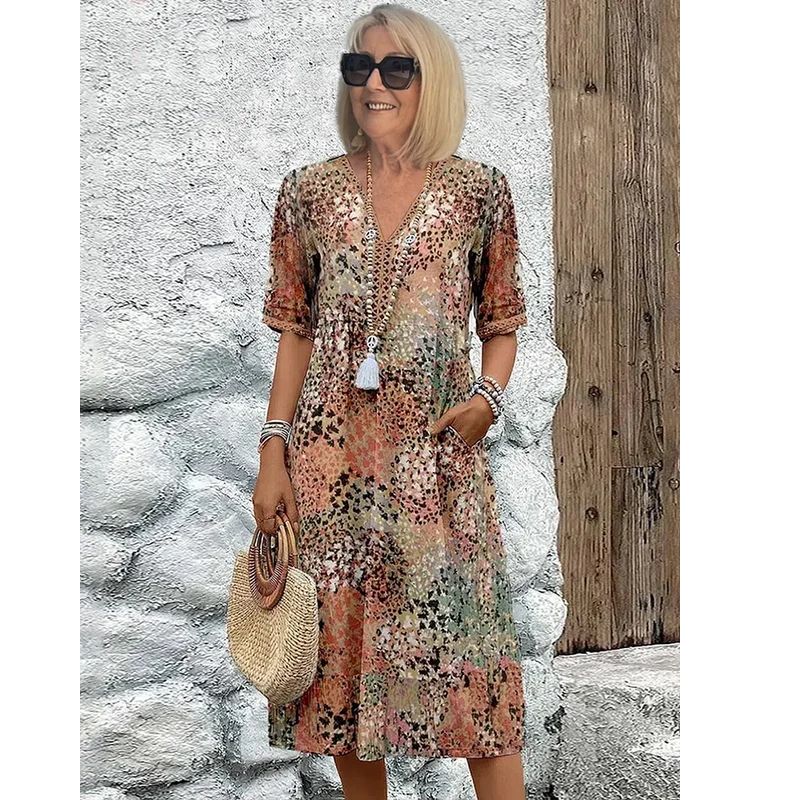 Colorful Midi Dress with Patterned Design and Functional Pockets