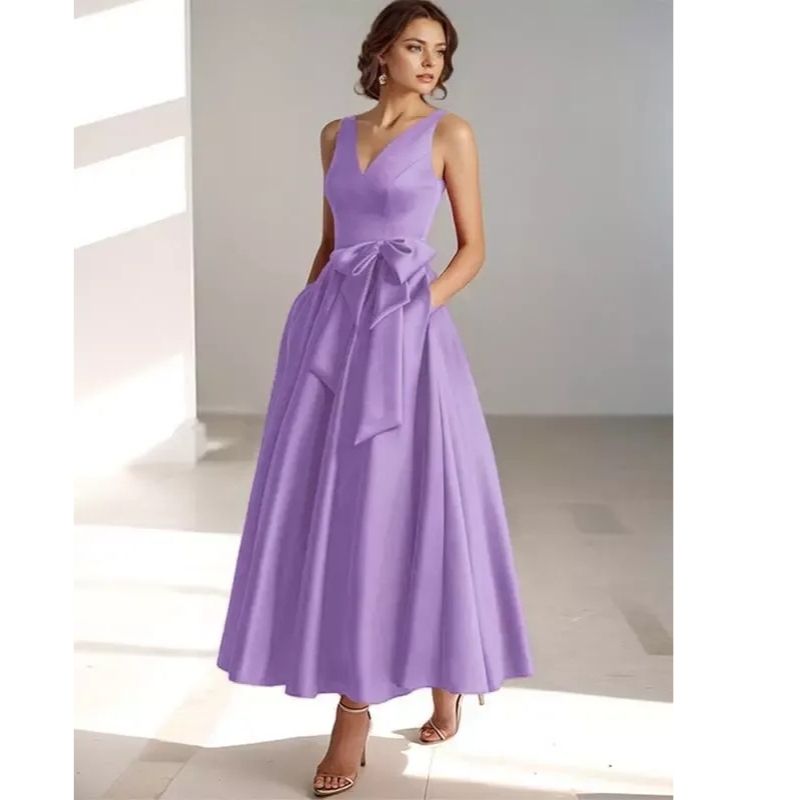 Womens A-Line Midi Dress with V-Neckline and Structured Bow Waist