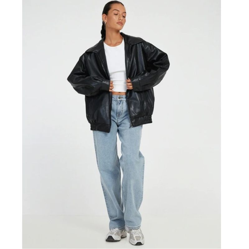 Oversized Leather Bomber Jacket with Boxy Dropped Shoulders and Elastic Hem for Women