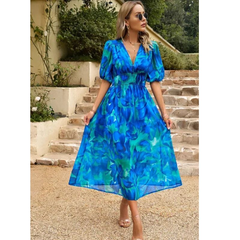 Floral Midi Dress with Puff Sleeves and Tailored Waist, Lightweight Woven Fabric