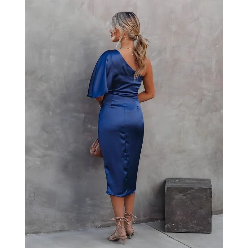 One Shoulder Midi Dress with Ruched Detailing and Side Zipper, Stretch Knit