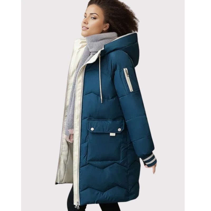 Womens Long Puffer Jacket with Attached Hood and Zippered Hand Pockets, Machine Washable