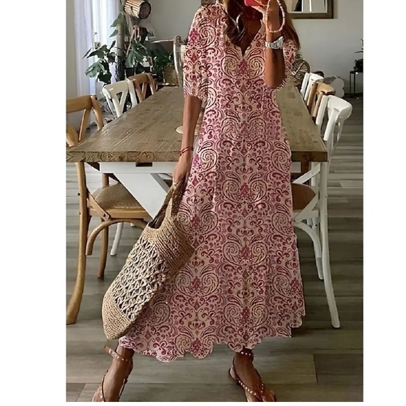 Womens A-Line Dress with Geometric Print and Lantern Sleeves, V-Neck
