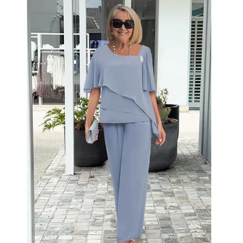 Womens Asymmetric Layered Blouse with High-Waisted Wide-Leg Trousers, Lightweight Fabric