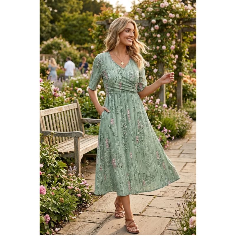 Womens Floral Midi Dress with A-Line Silhouette and Botanical Print