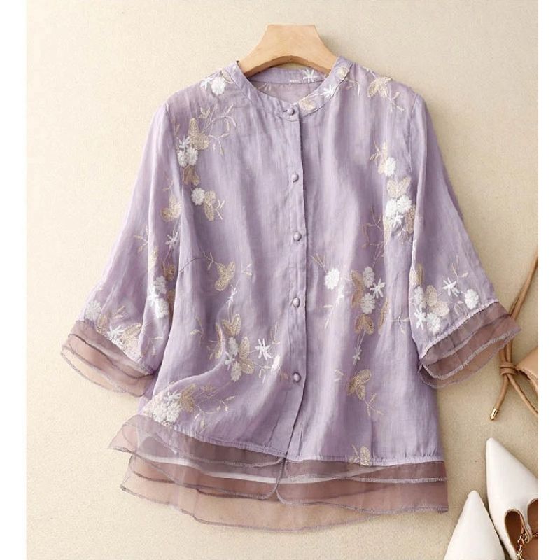 Womens Long Sleeve Blouse with Delicate Floral Embroidery and Relaxed Fit