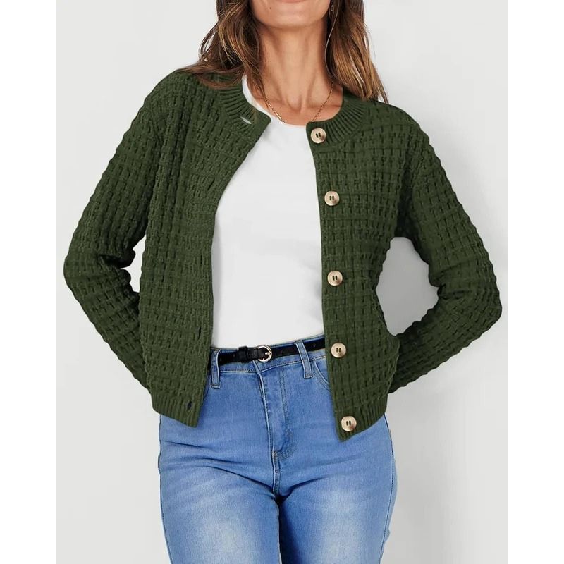 Womens Button Front Cardigan with Long Sleeves and Crewneck, Knit Cotton
