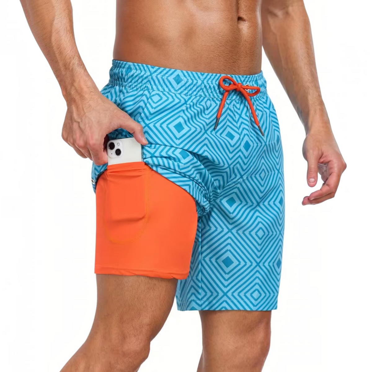 Mens Swim Shorts with Adjustable Drawstring Waist and Tropical Print, Quick-Dry Mid-Thigh