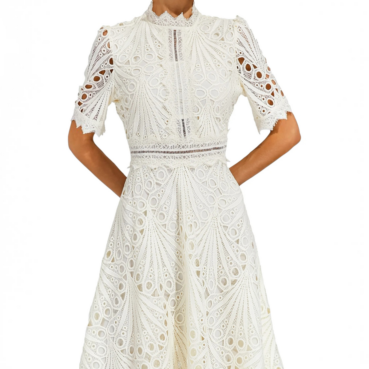 Lace Midi Dress with Scoop Neck and Lightweight Lining, Back Zipper