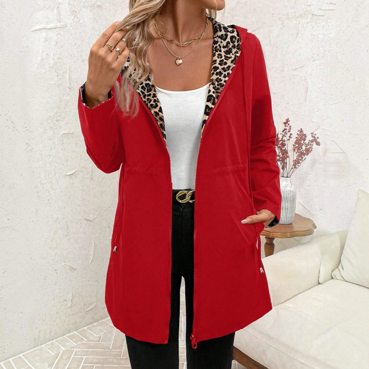Reversible Coat with Leopard Print and Neutral Side, Relaxed Draping Silhouette