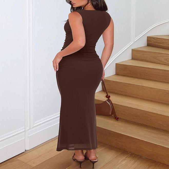 Bodycon Maxi Dress with Square Neckline and Side Ruching for Weddings All Vera Mart