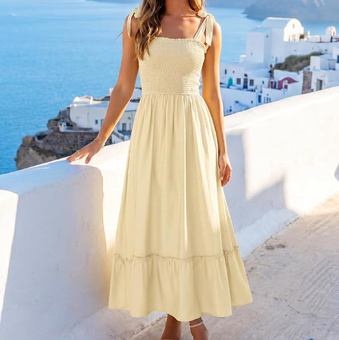 Womens Tie Strap Maxi Dress with Shirred Bodice and Tiered Skirt