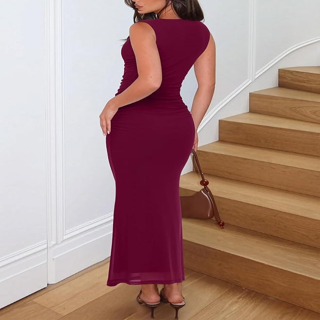 Bodycon Maxi Dress with Square Neckline and Side Ruching for Weddings All Vera Mart