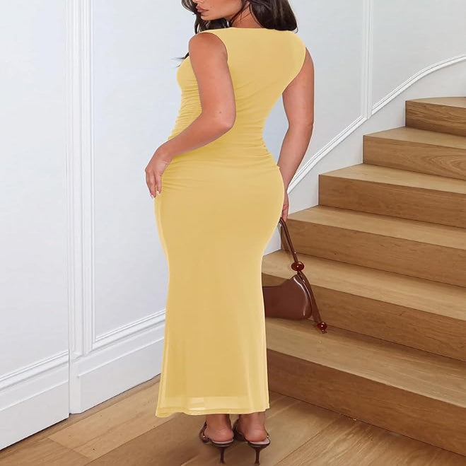 Bodycon Maxi Dress with Square Neckline and Side Ruching for Weddings All Vera Mart